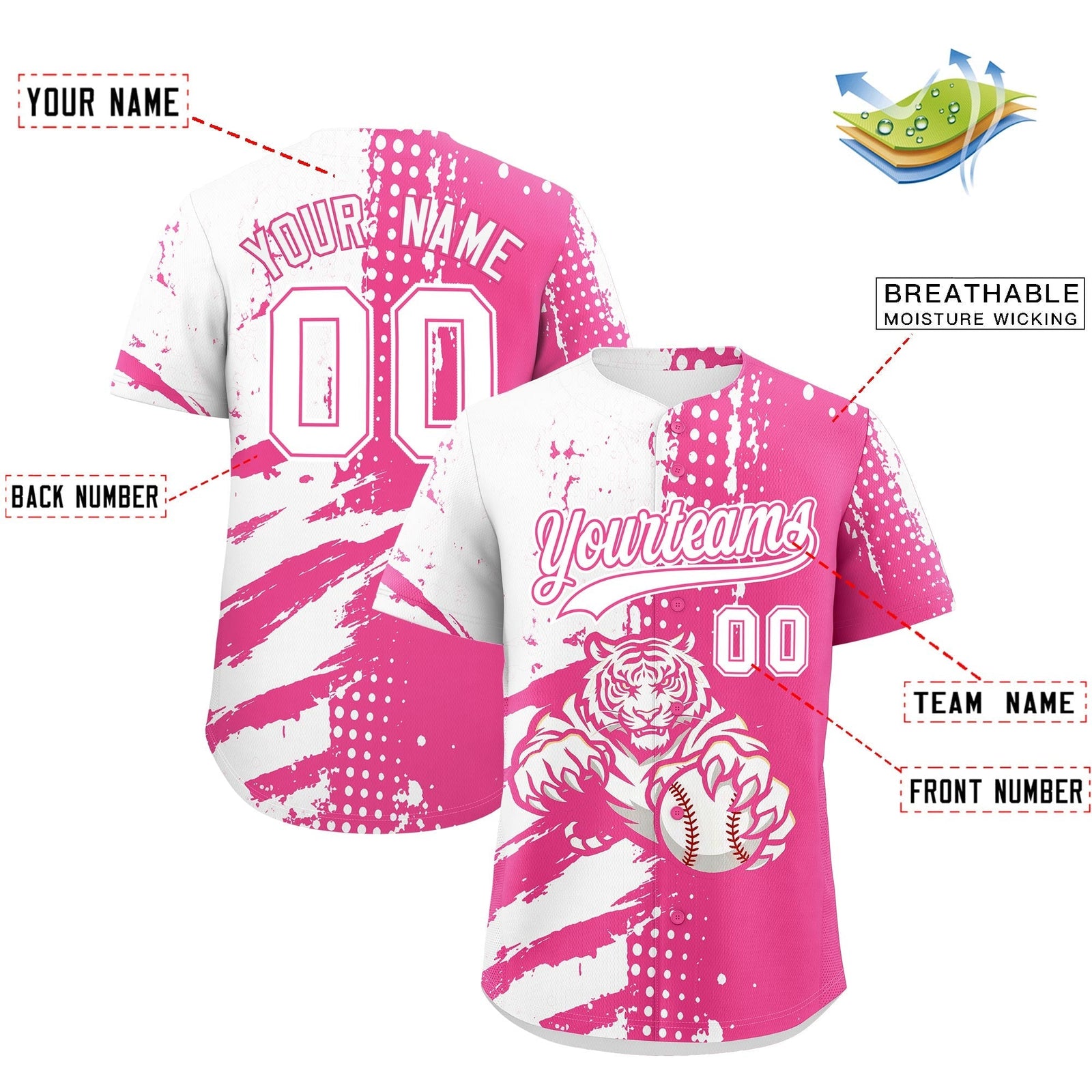 Custom White Pink Full-Snap Graffiti Pattern Tiger Graffiti Jersey Baseball Jersey| KXKSHOP