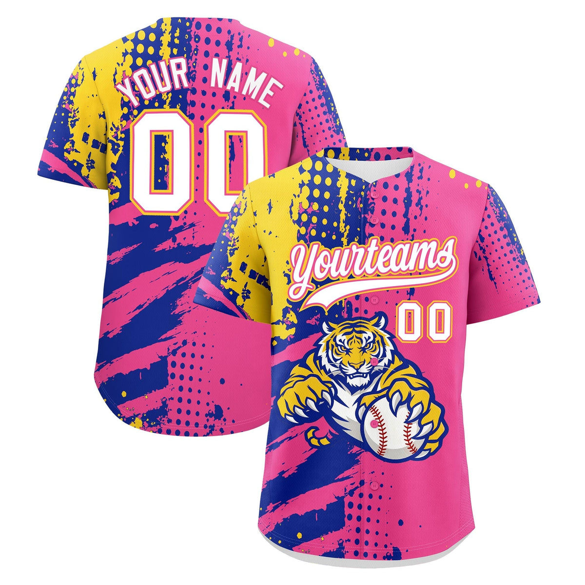 Custom Pink Royal Blue Gold Full-Snap Graffiti Pattern Tiger Graffiti Jersey Baseball Jersey| KXKSHOP