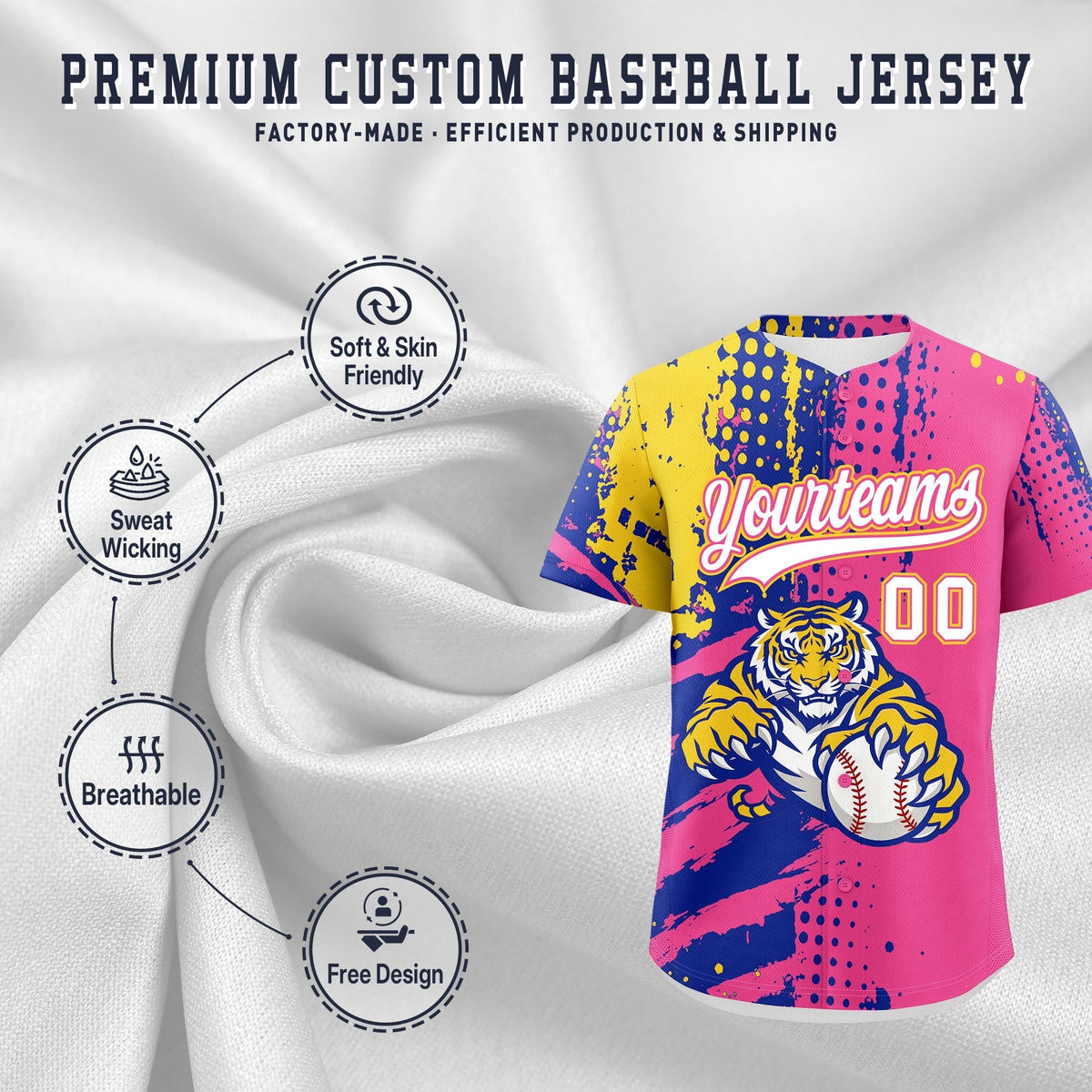 Custom Pink Royal Blue Gold Full-Snap Graffiti Pattern Tiger Graffiti Jersey Baseball Jersey| KXKSHOP