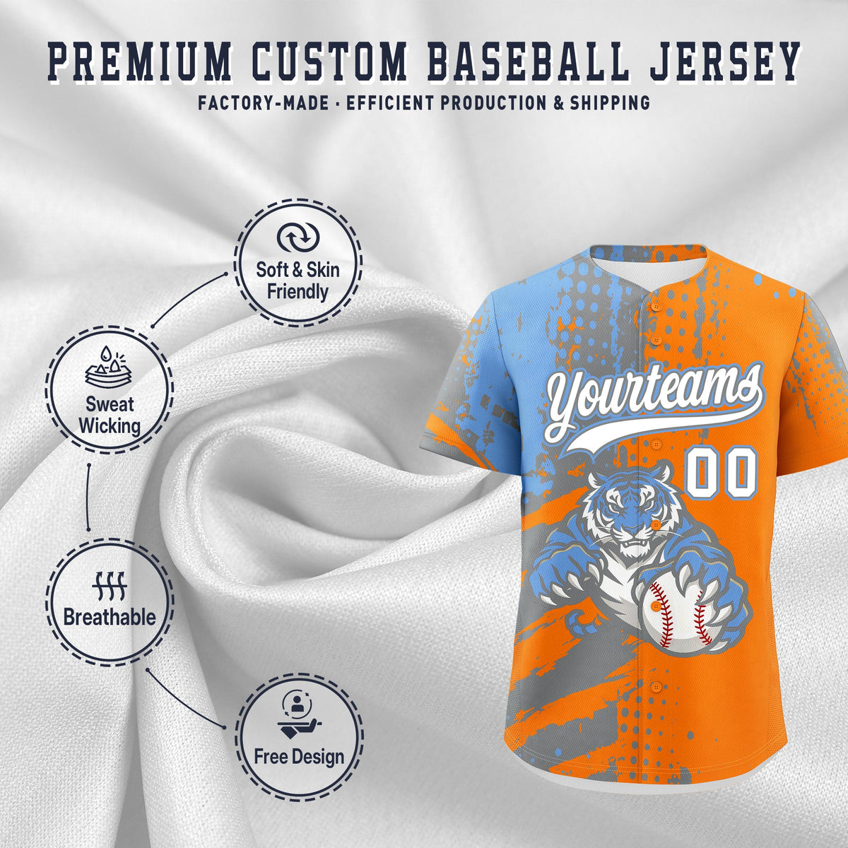 Custom Orange Silver Light Blue Full-Snap Graffiti Pattern Tiger Graffiti Jersey Baseball Jersey| KXKSHOP