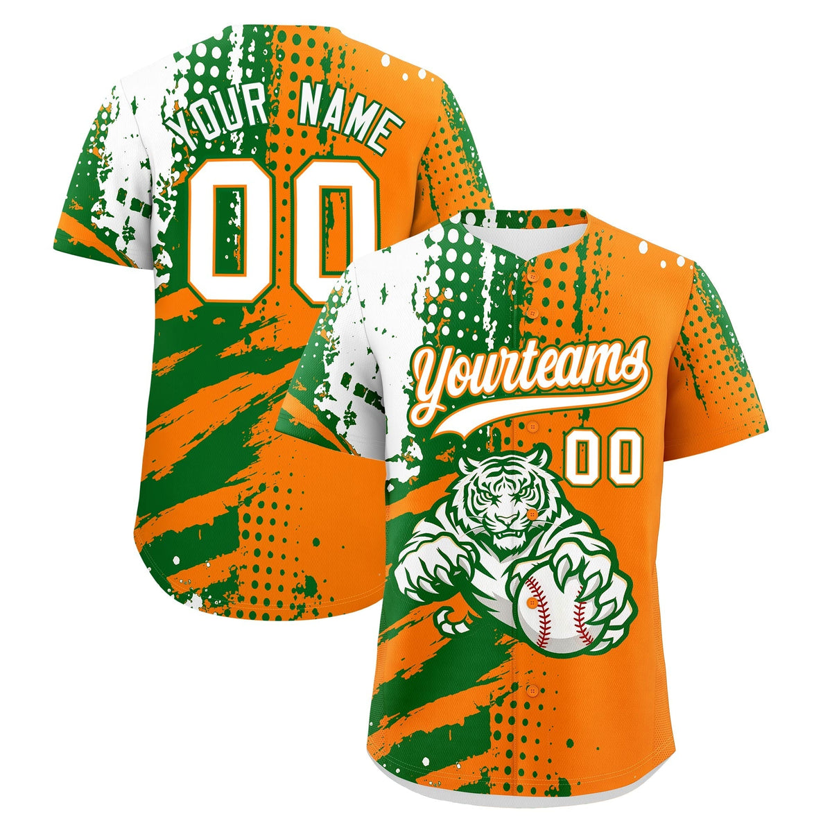 Custom Orange Kelly Green White Full-Snap Graffiti Pattern Tiger Graffiti Jersey Baseball Jersey| KXKSHOP