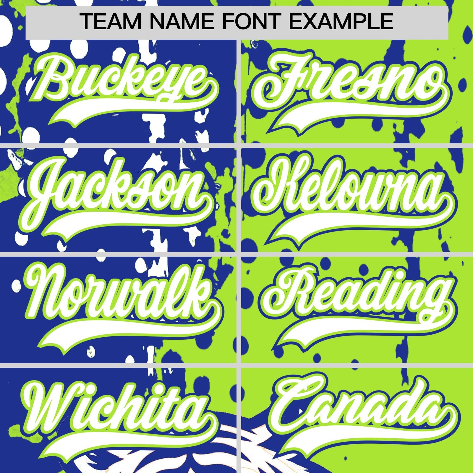 Custom Royal Blue Neon Green White Full-Snap Graffiti Pattern Tiger Graffiti Jersey Baseball Jersey| KXKSHOP