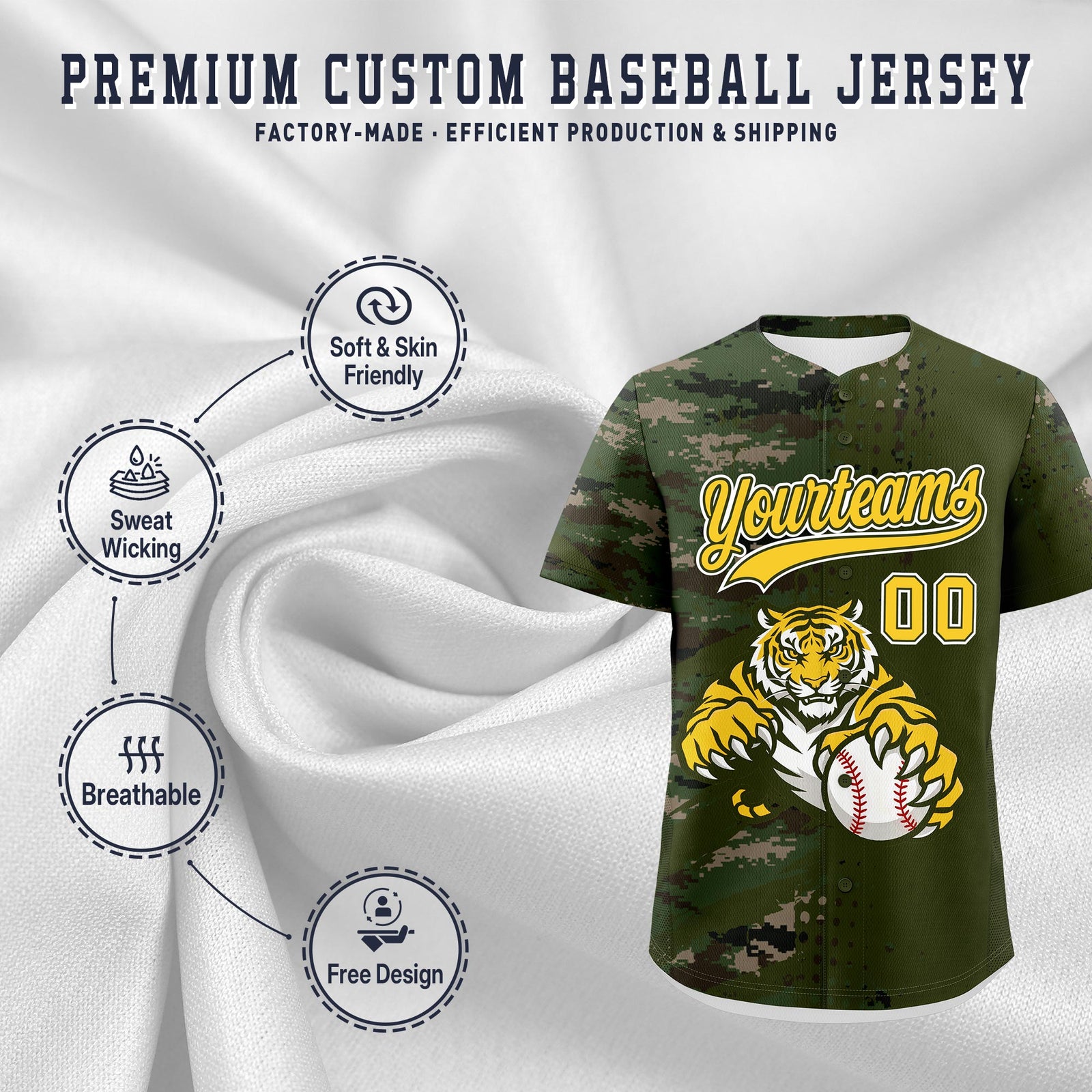 Custom Olive Camo Gold Full-Snap Graffiti Pattern Tiger Graffiti Jersey Baseball Jersey| KXKSHOP