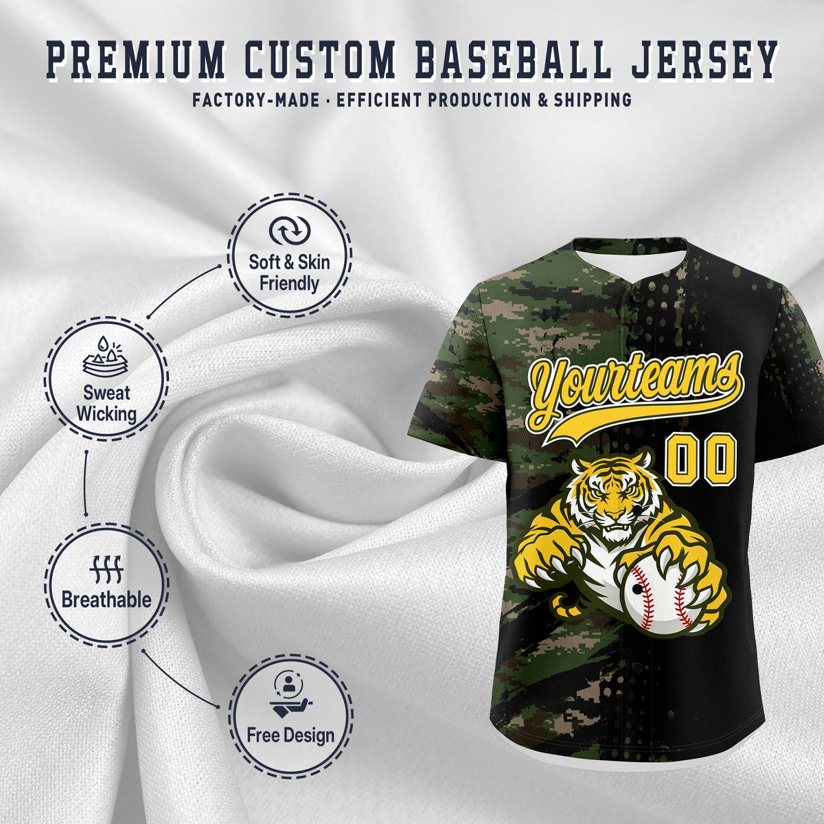 Custom Camo Black Gold Full-Snap Graffiti Pattern Tiger Graffiti Jersey Baseball Jersey| KXKSHOP