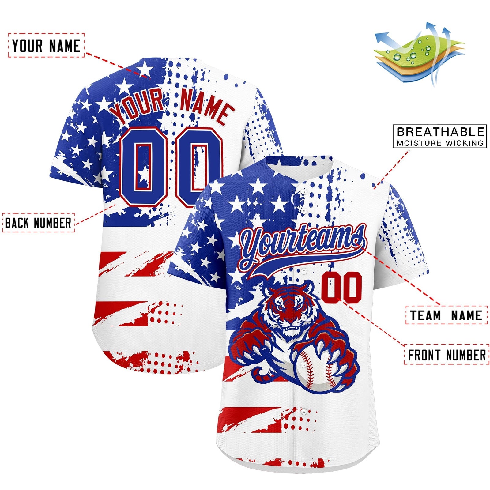 Custom Royal Blue White Red Full-Snap Graffiti Pattern Tiger Graffiti Jersey Baseball Jersey| KXKSHOP