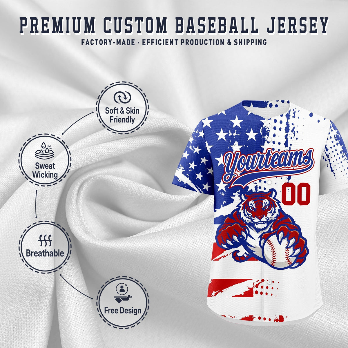 Custom Royal Blue White Red Full-Snap Graffiti Pattern Tiger Graffiti Jersey Baseball Jersey| KXKSHOP