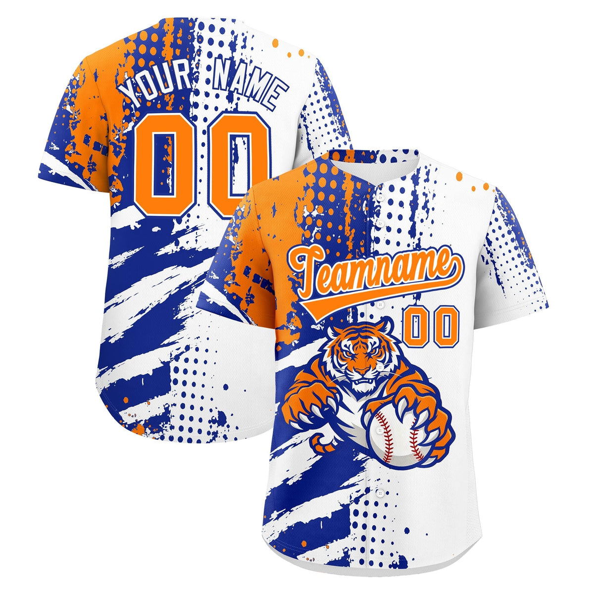 Custom White Royal Blue Orange Full-Snap Graffiti Pattern Tiger Graffiti Jersey Baseball Jersey| KXKSHOP