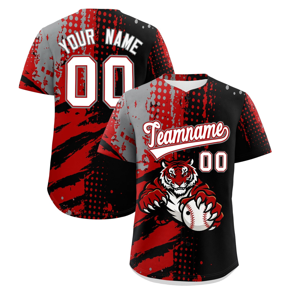 Custom Black Red Gray Full-Snap Graffiti Pattern Tiger Graffiti Jersey Baseball Jersey| KXKSHOP