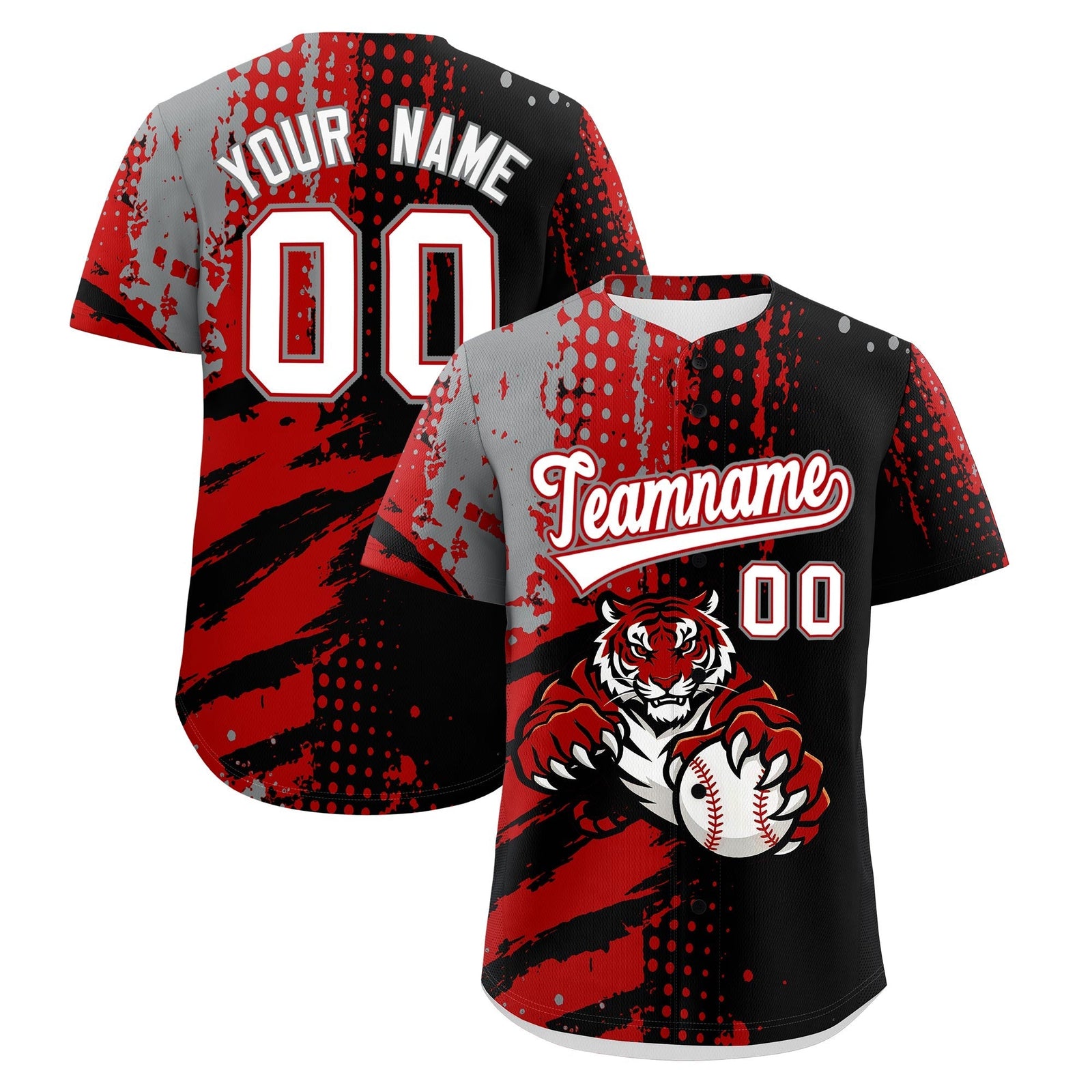 Custom Black Red Gray Full-Snap Graffiti Pattern Tiger Graffiti Jersey Baseball Jersey| KXKSHOP