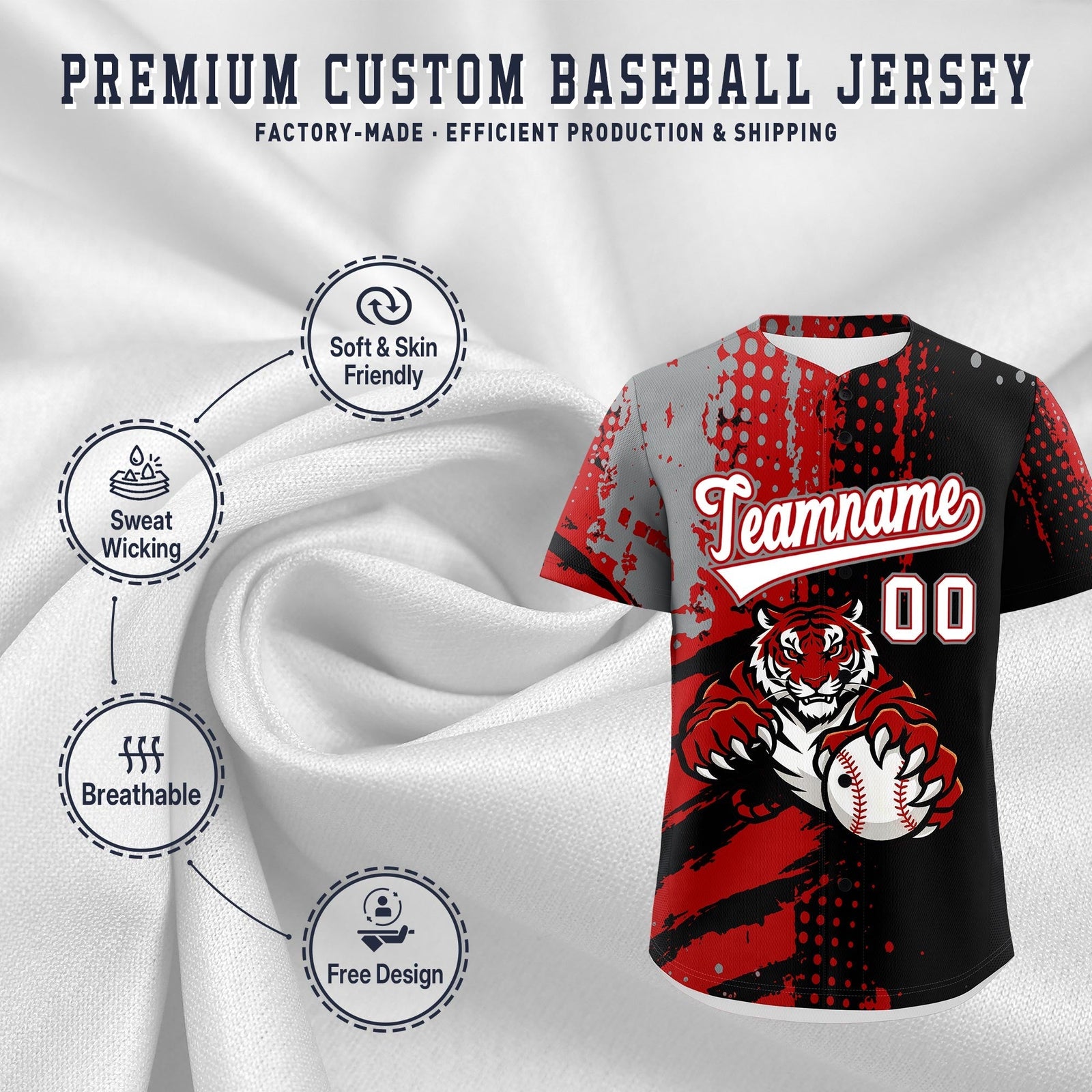Custom Black Red Gray Full-Snap Graffiti Pattern Tiger Graffiti Jersey Baseball Jersey| KXKSHOP