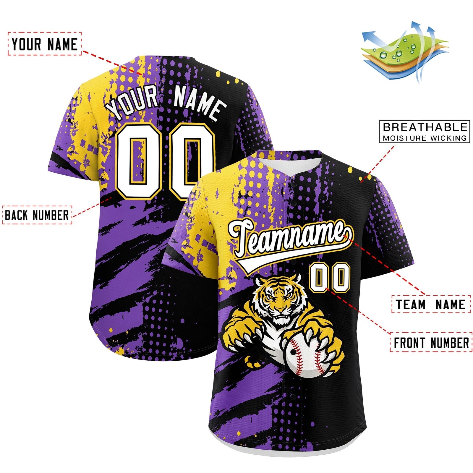 Custom Black Gold White Full-Snap Graffiti Pattern Tiger Graffiti Jersey Baseball Jersey| KXKSHOP