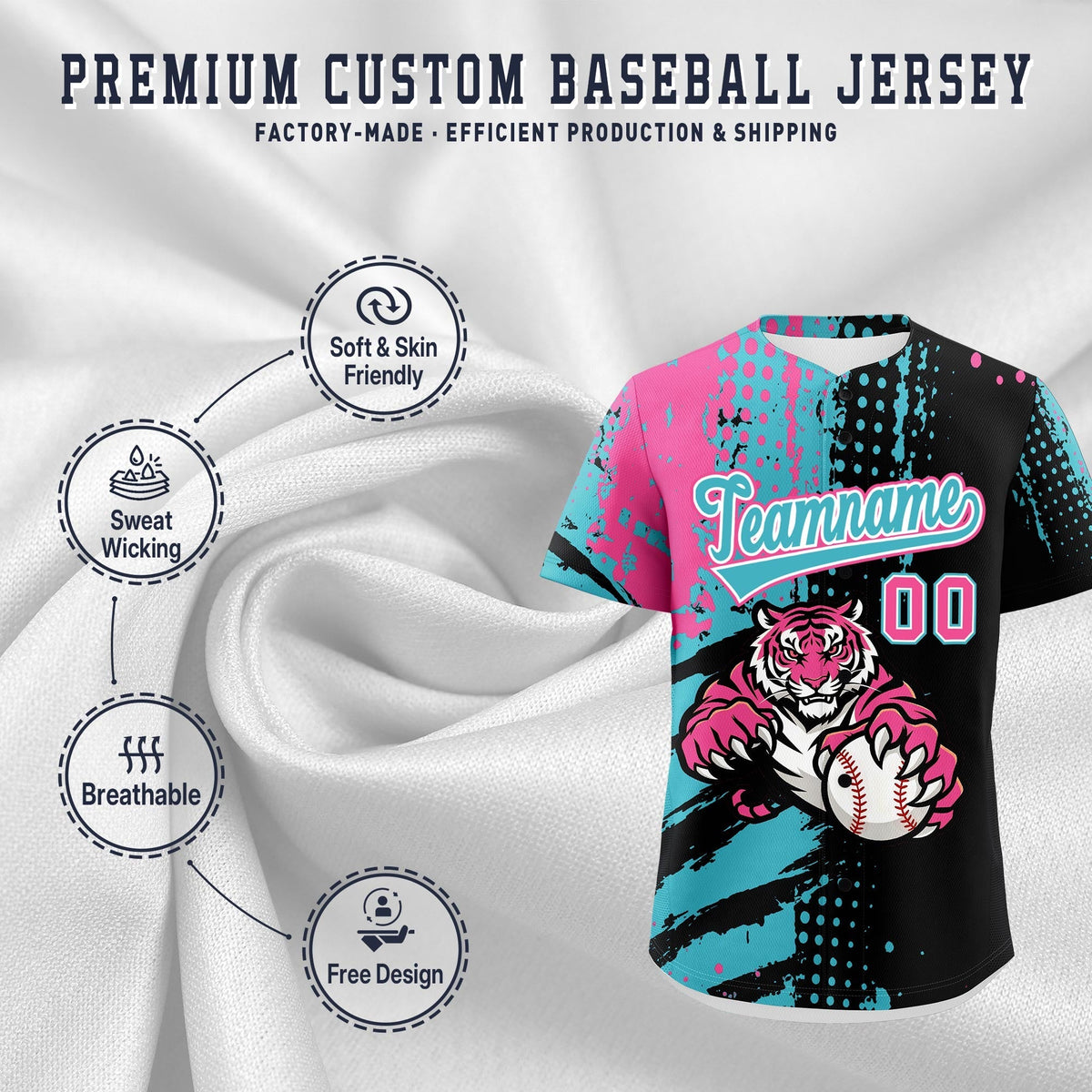 Custom Black Aqua Pink Full-Snap Graffiti Pattern Tiger Graffiti Jersey Baseball Jersey| KXKSHOP