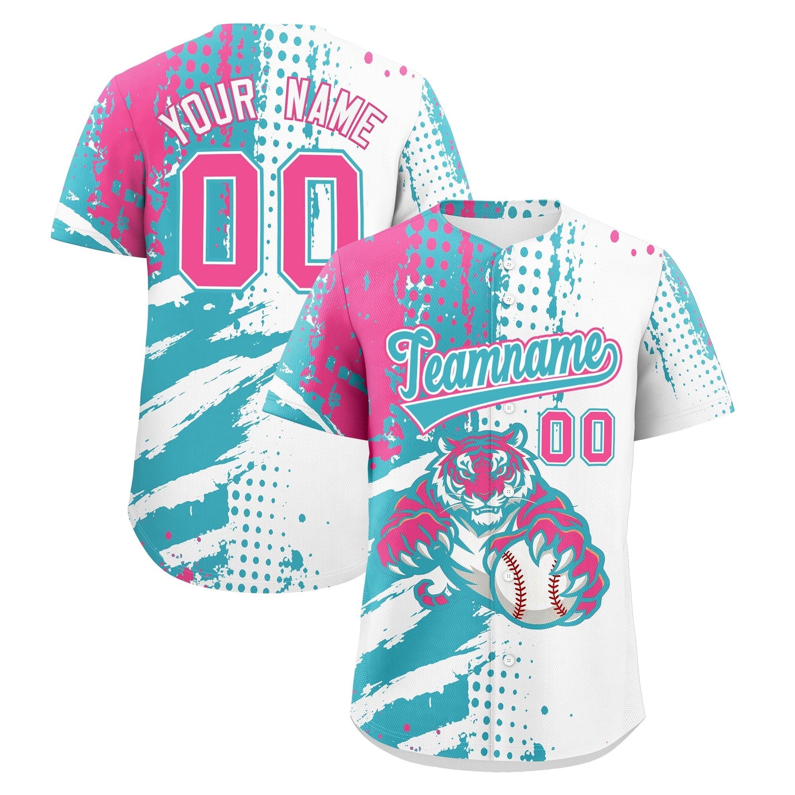 Custom White Aqua Pink Full-Snap Graffiti Pattern Tiger Graffiti Jersey Baseball Jersey| KXKSHOP