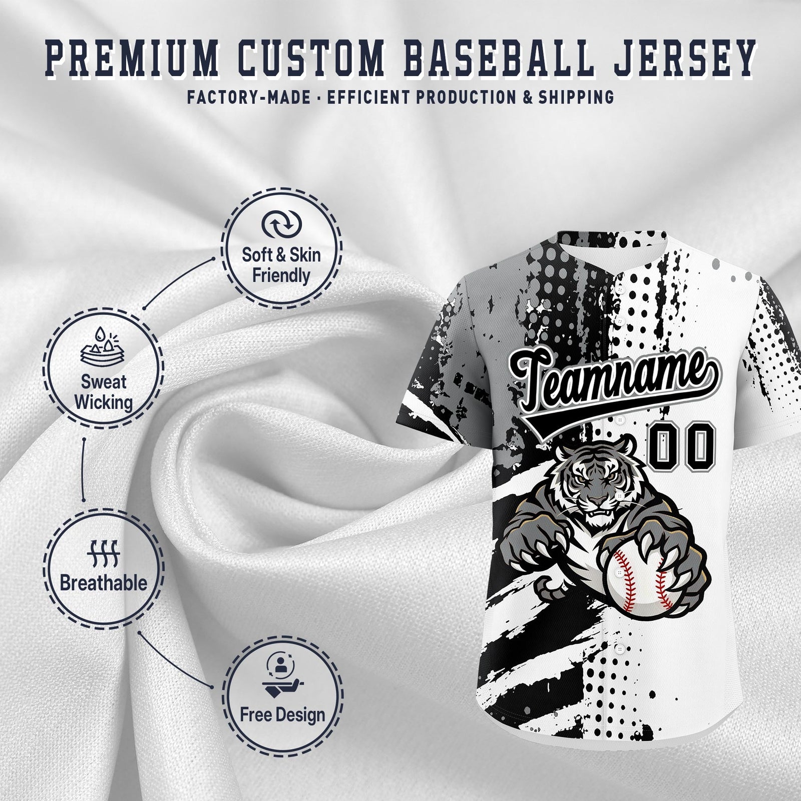 Custom White Black Gray Full-Snap Graffiti Pattern Tiger Graffiti Jersey Baseball Jersey| KXKSHOP