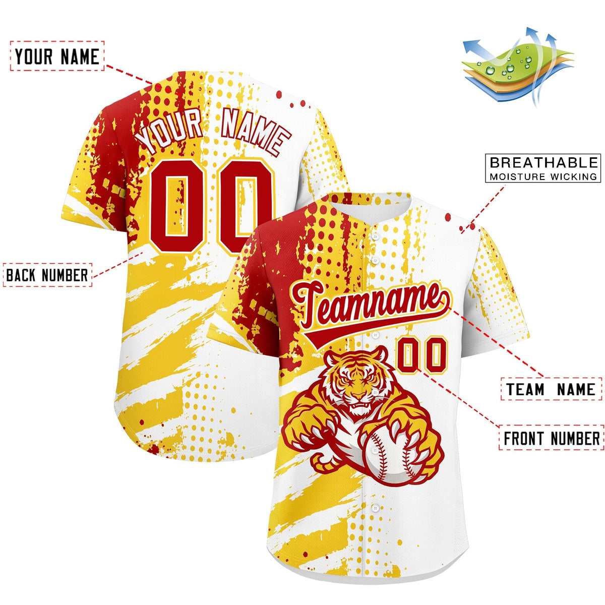 Custom White Gold Red Full-Snap Graffiti Pattern Tiger Graffiti Jersey Baseball Jersey| KXKSHOP