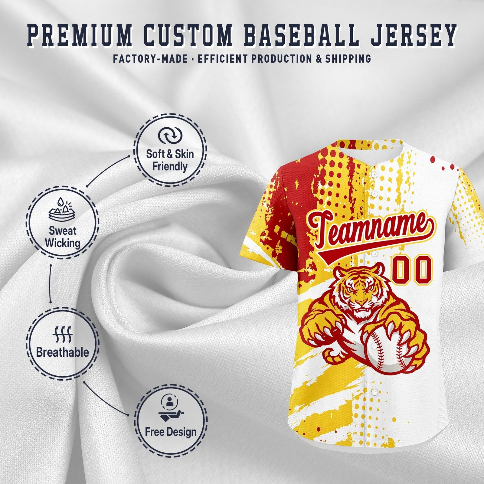 Custom White Gold Red Full-Snap Graffiti Pattern Tiger Graffiti Jersey Baseball Jersey| KXKSHOP