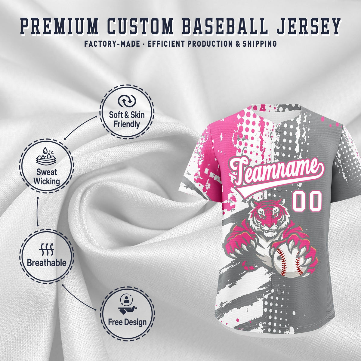 Custom Gray White Pink Full-Snap Graffiti Pattern Tiger Graffiti Jersey Baseball Jersey| KXKSHOP