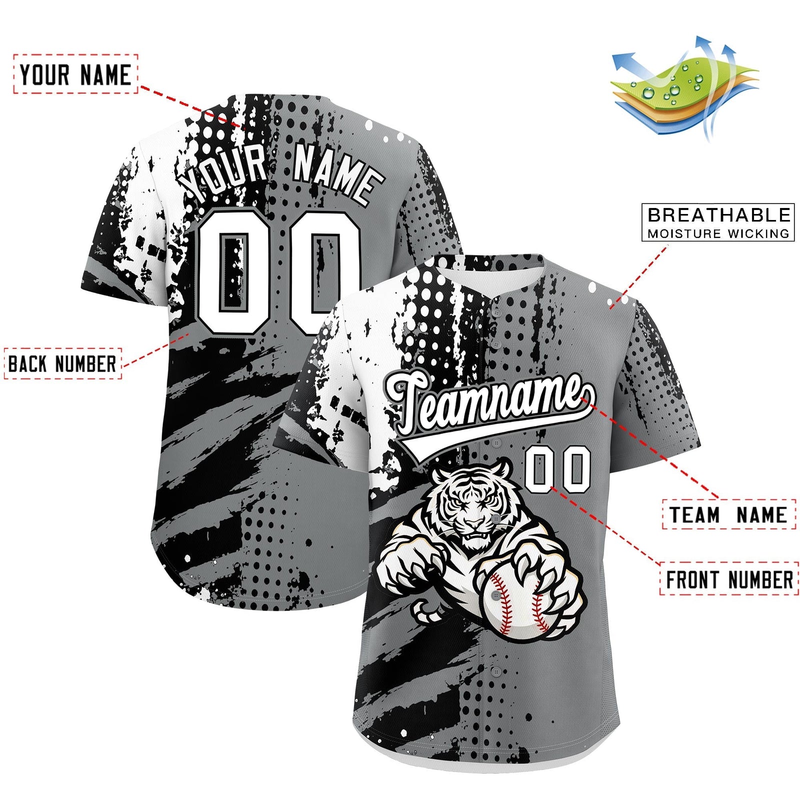 Custom Gray Black White Full-Snap Graffiti Pattern Tiger Graffiti Jersey Baseball Jersey| KXKSHOP