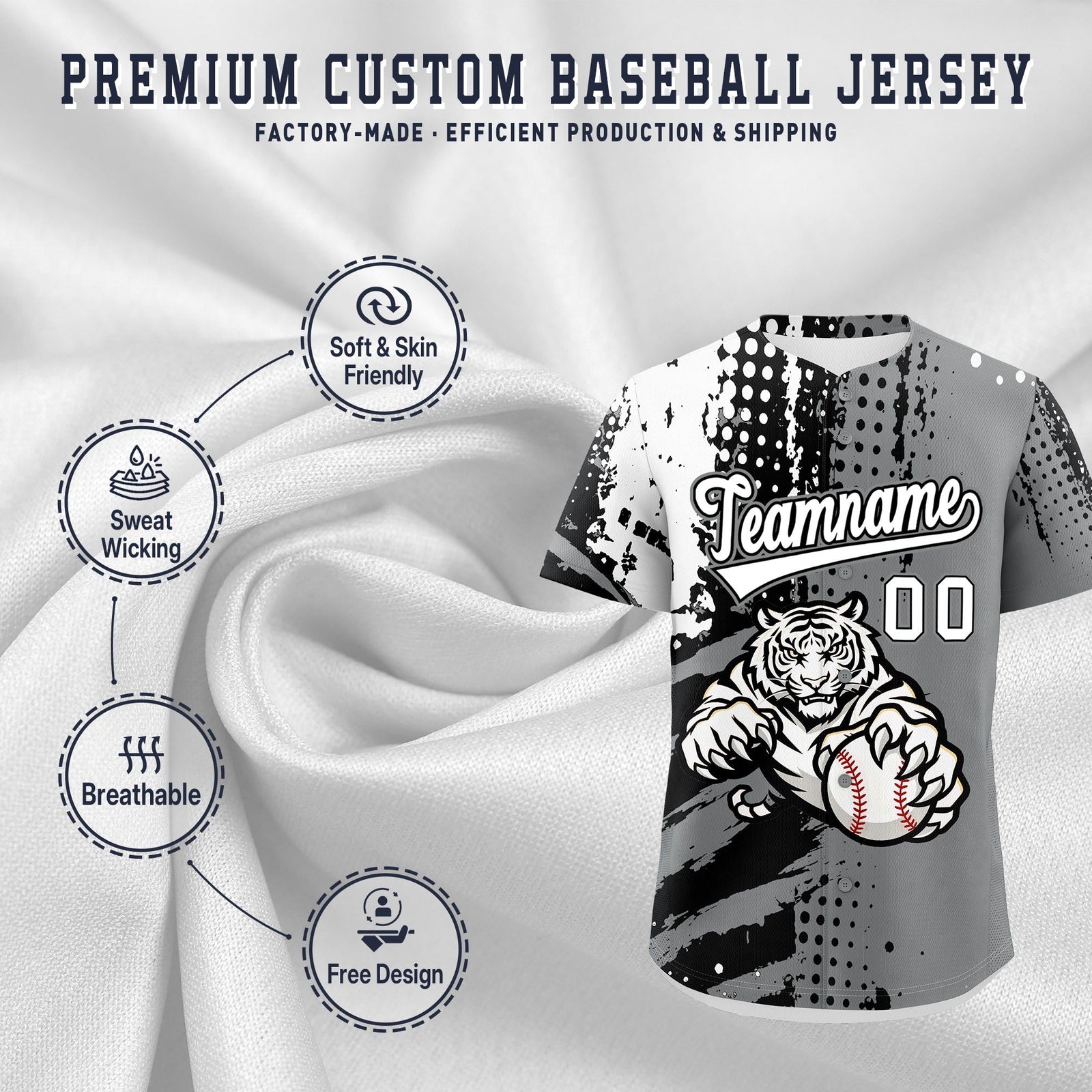 Custom Gray Black White Full-Snap Graffiti Pattern Tiger Graffiti Jersey Baseball Jersey| KXKSHOP