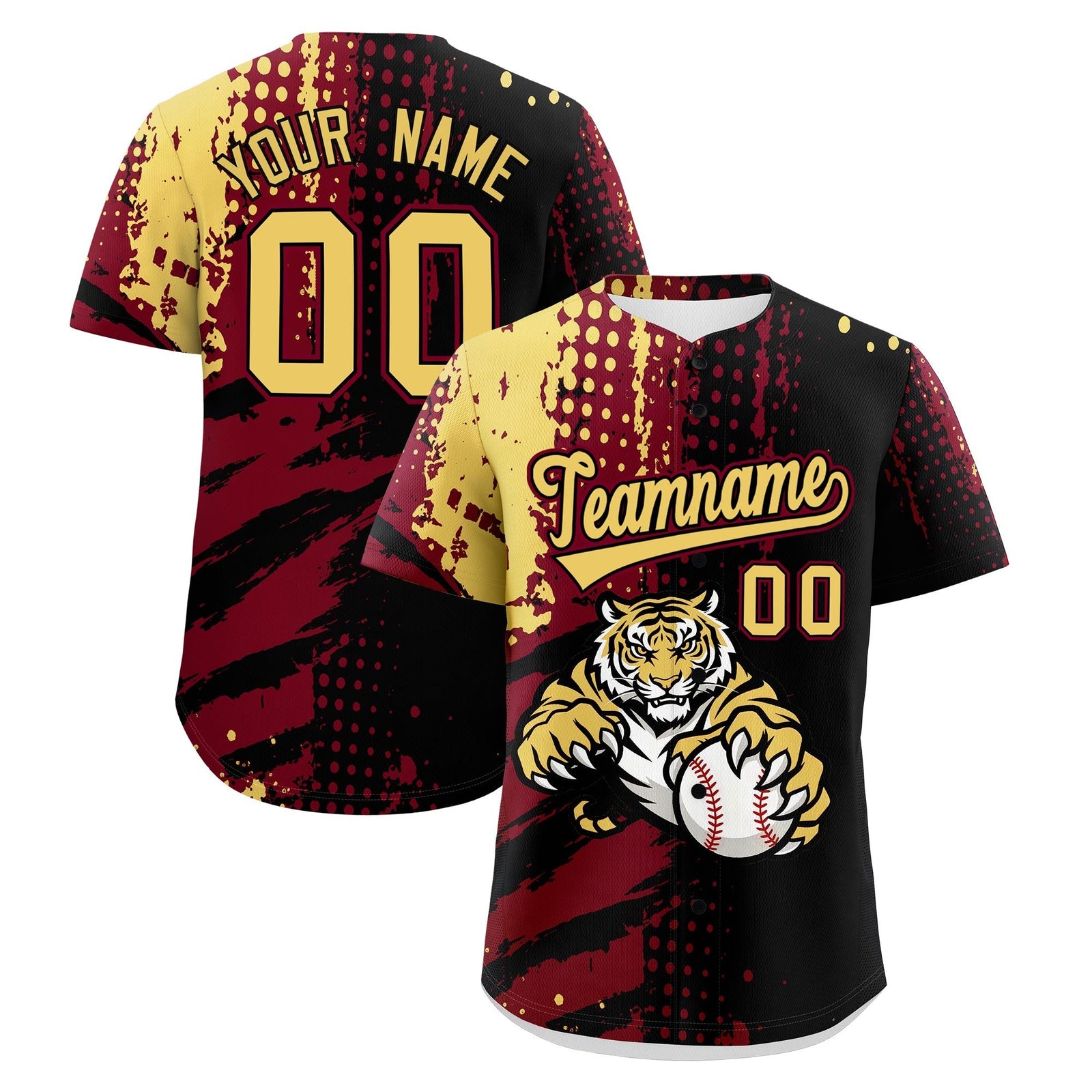 Custom Black Crimson Khaki Full-Snap Graffiti Pattern Tiger Graffiti Jersey Baseball Jersey| KXKSHOP