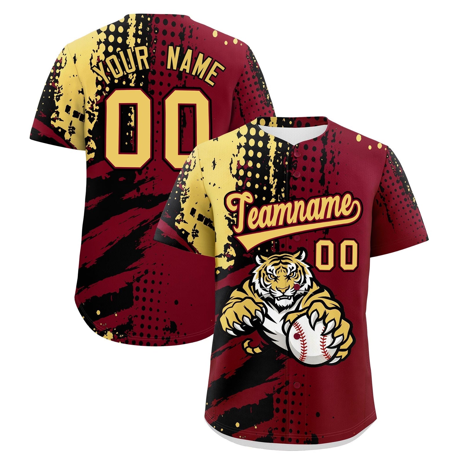 Custom Crimson Black Khaki Full-Snap Graffiti Pattern Tiger Graffiti Jersey Baseball Jersey| KXKSHOP