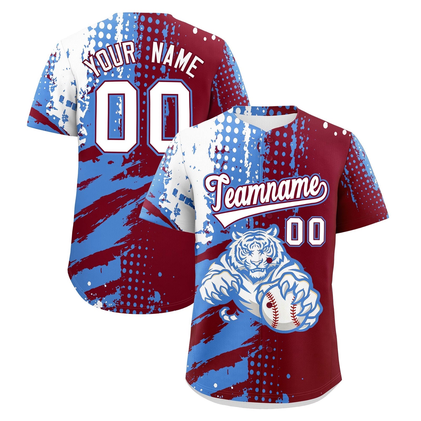 Custom Crimson Powder Blue White Full-Snap Graffiti Pattern Tiger Graffiti Jersey Baseball Jersey| KXKSHOP