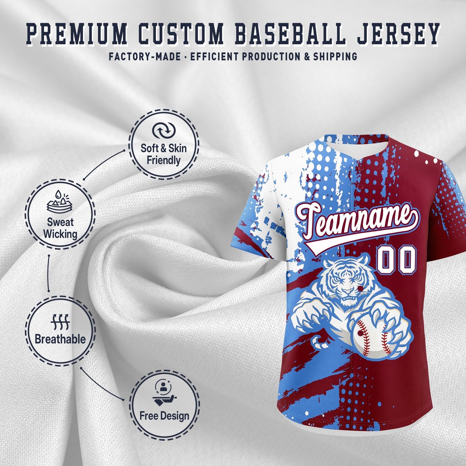 Custom Crimson Powder Blue White Full-Snap Graffiti Pattern Tiger Graffiti Jersey Baseball Jersey| KXKSHOP