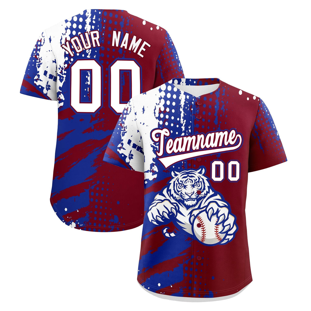Custom Crimson Royal Blue White Full-Snap Graffiti Pattern Tiger Graffiti Jersey Baseball Jersey| KXKSHOP