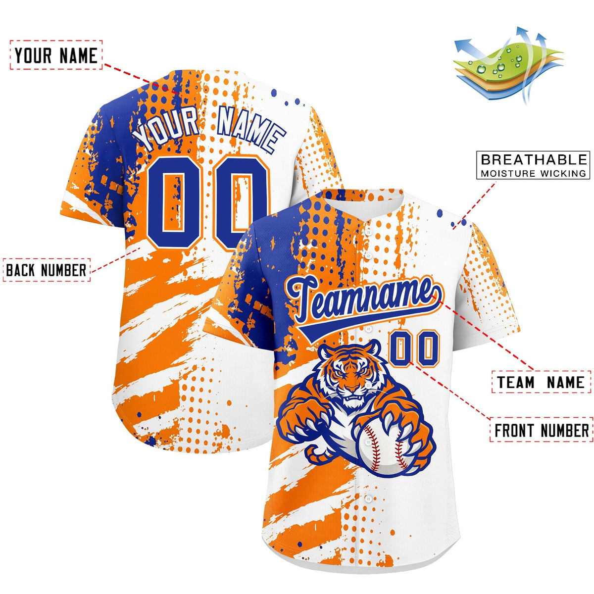 Custom White Orange Royal Blue Full-Snap Graffiti Pattern Tiger Graffiti Jersey Baseball Jersey| KXKSHOP