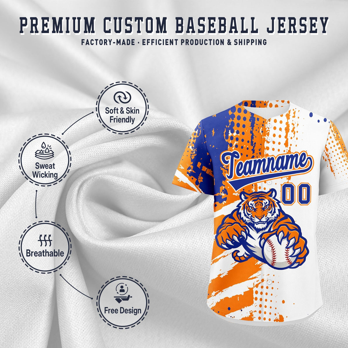 Custom White Orange Royal Blue Full-Snap Graffiti Pattern Tiger Graffiti Jersey Baseball Jersey| KXKSHOP