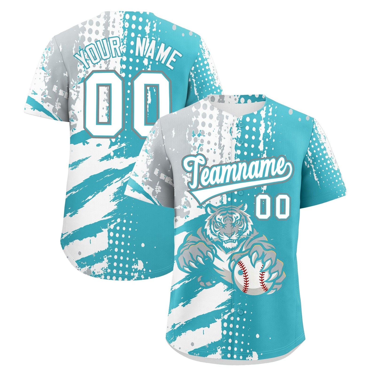 Custom Sky Blue Silver White Full-Snap Graffiti Pattern Tiger Graffiti Jersey Baseball Jersey| KXKSHOP