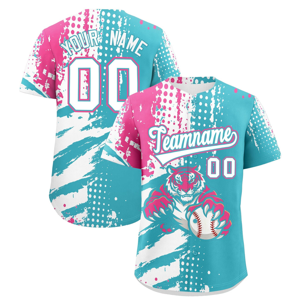 Custom Sky Blue White Pink Full-Snap Graffiti Pattern Tiger Graffiti Jersey Baseball Jersey| KXKSHOP