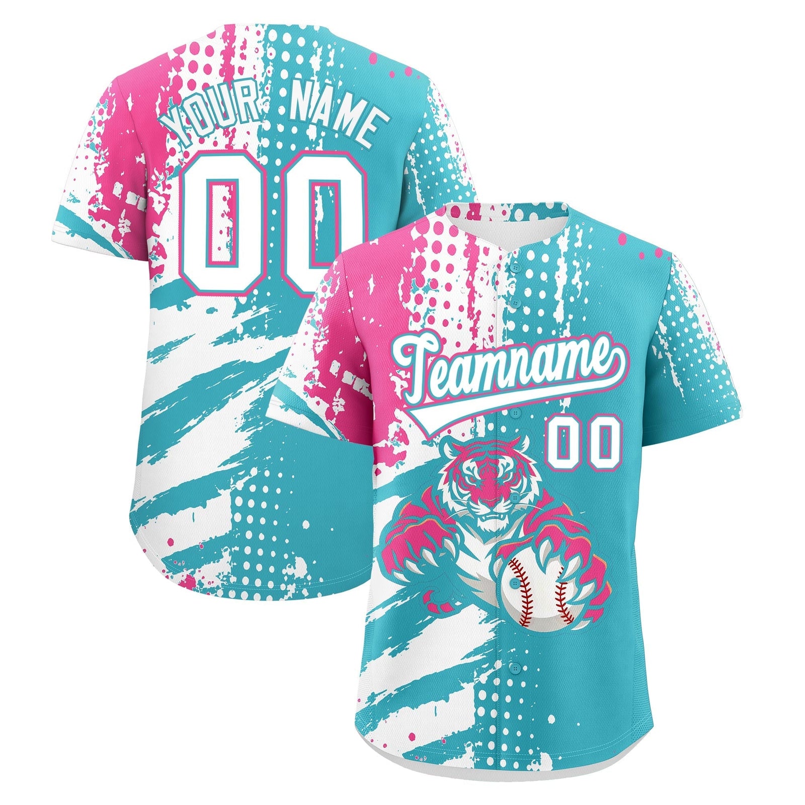 Custom Sky Blue White Pink Full-Snap Graffiti Pattern Tiger Graffiti Jersey Baseball Jersey| KXKSHOP