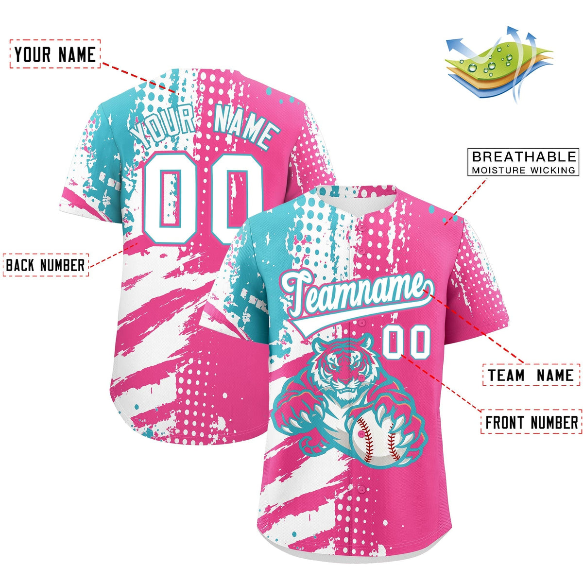 Custom Pink White Sky Blue Full-Snap Graffiti Pattern Tiger Graffiti Jersey Baseball Jersey| KXKSHOP