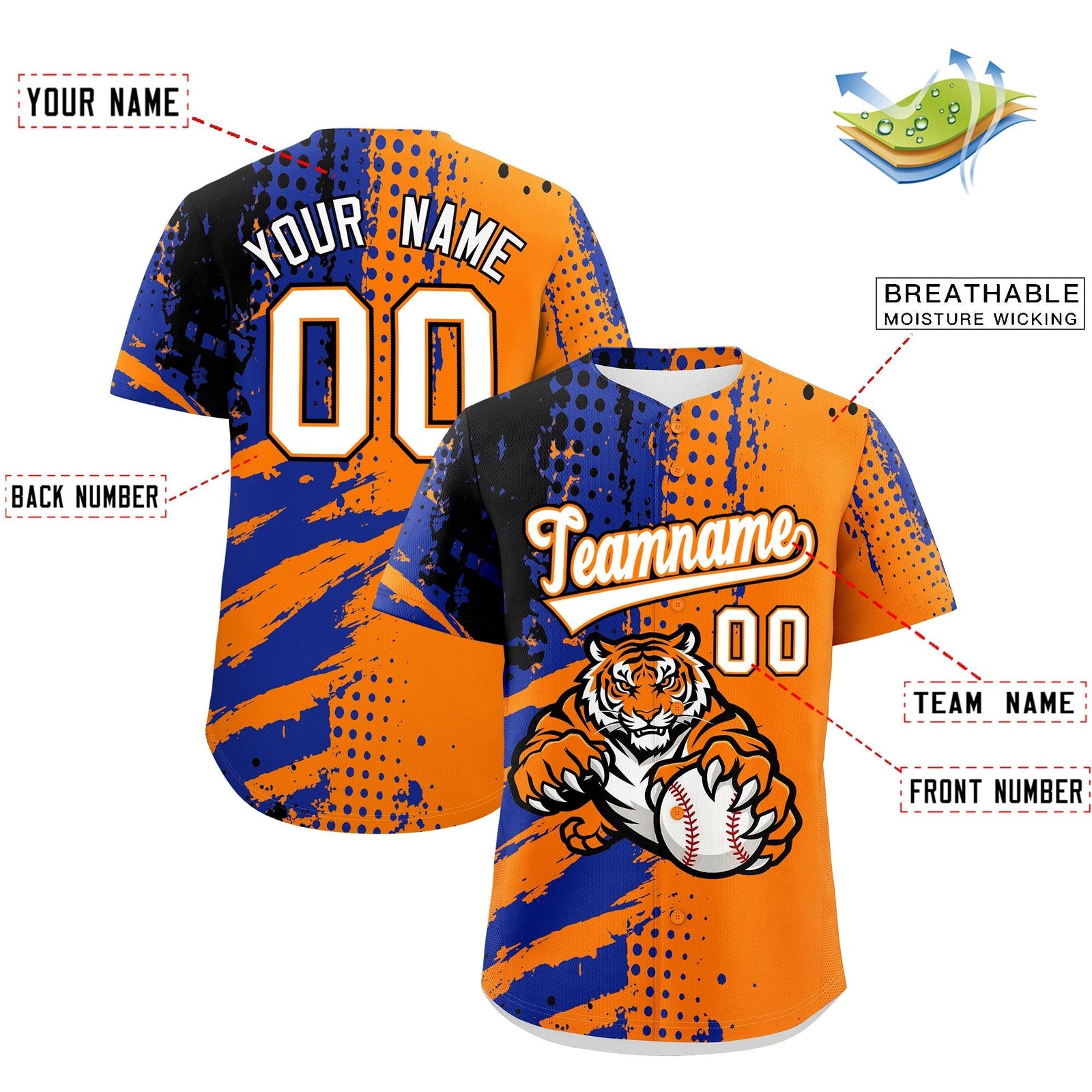 Custom Orange Royal Blue Black Full-Snap Graffiti Pattern Tiger Graffiti Jersey Baseball Jersey| KXKSHOP