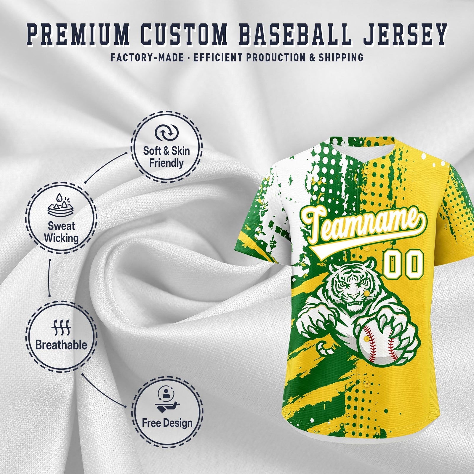 Custom Gold Kelly Green White Full-Snap Graffiti Pattern Tiger Graffiti Jersey Baseball Jersey| KXKSHOP