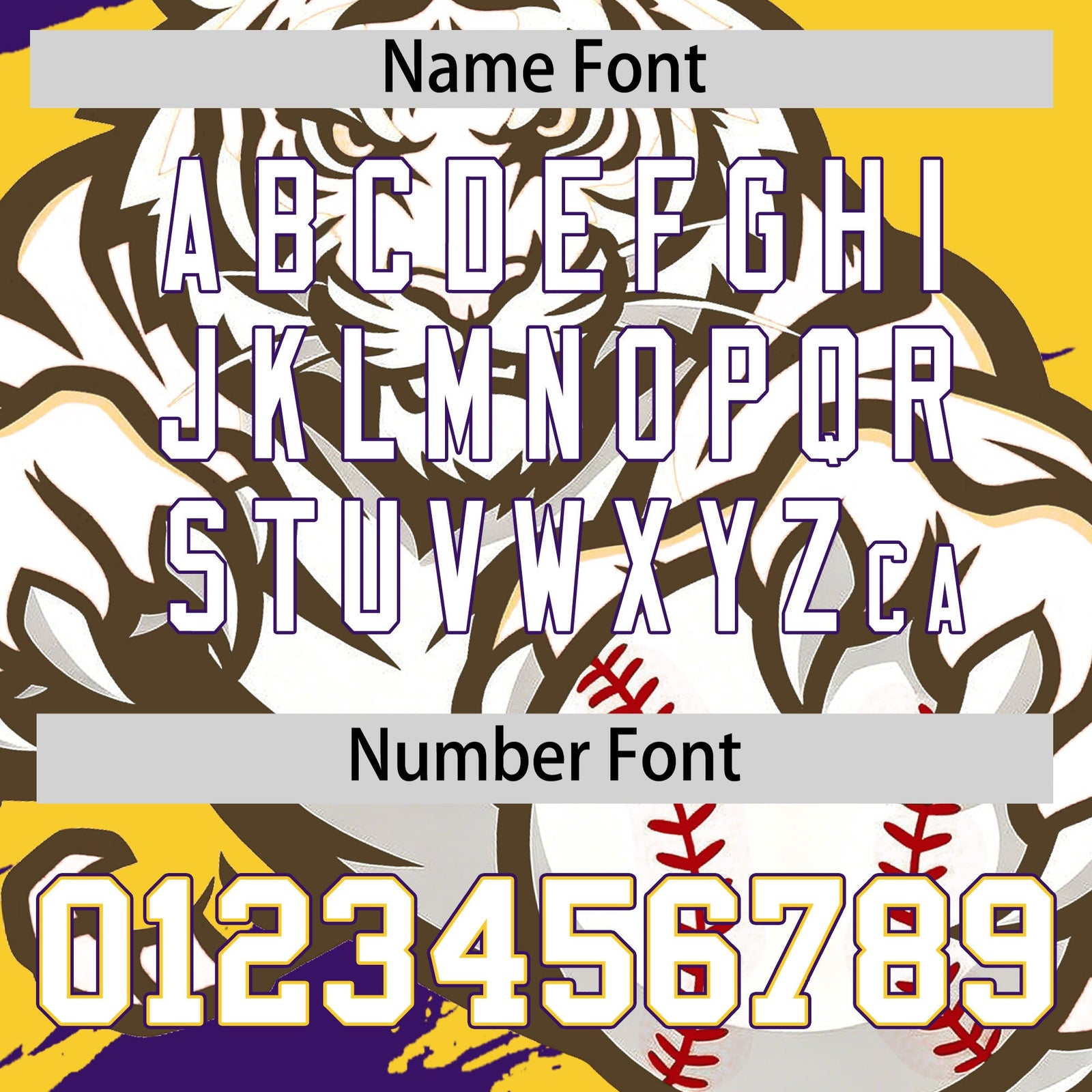 Custom Gold Purple White Full-Snap Graffiti Pattern Tiger Graffiti Jersey Baseball Jersey| KXKSHOP
