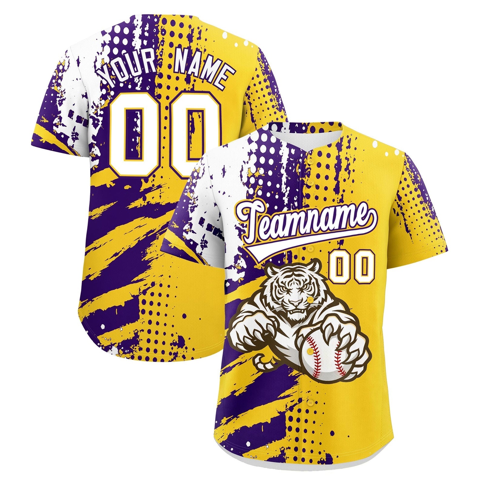 Custom Gold Purple White Full-Snap Graffiti Pattern Tiger Graffiti Jersey Baseball Jersey| KXKSHOP