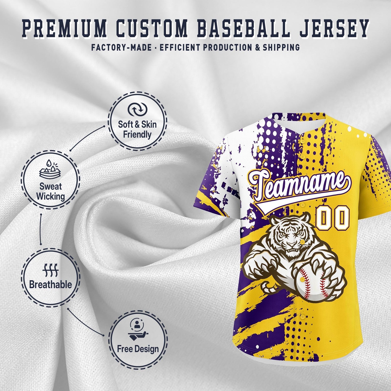 Custom Gold Purple White Full-Snap Graffiti Pattern Tiger Graffiti Jersey Baseball Jersey| KXKSHOP
