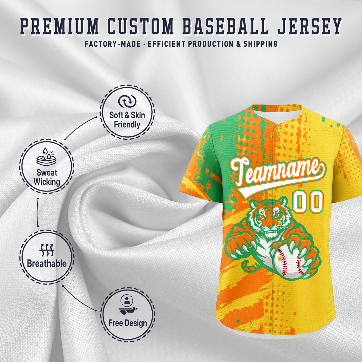 Custom Gold Orange Neon Green Full-Snap Graffiti Pattern Tiger Graffiti Jersey Baseball Jersey| KXKSHOP