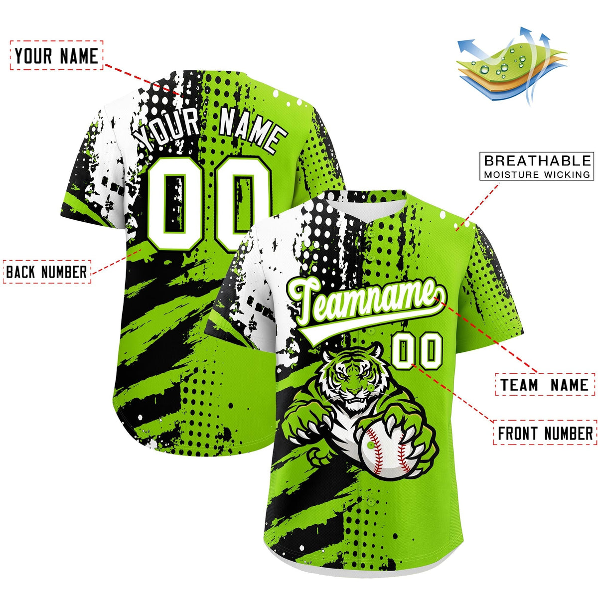 Custom Neon Green Black White Full-Snap Graffiti Pattern Tiger Graffiti Jersey Baseball Jersey| KXKSHOP