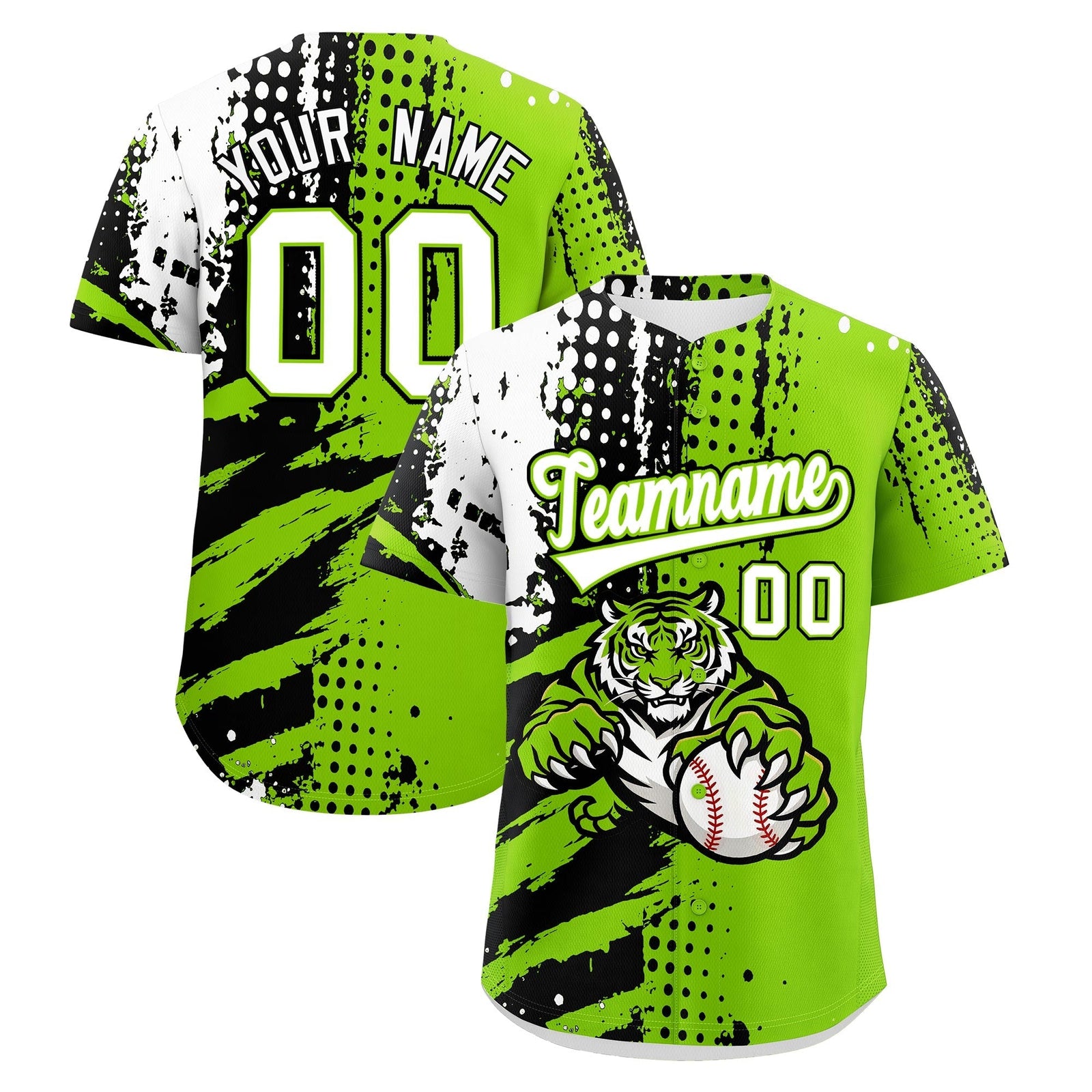 Custom Neon Green Black White Full-Snap Graffiti Pattern Tiger Graffiti Jersey Baseball Jersey| KXKSHOP