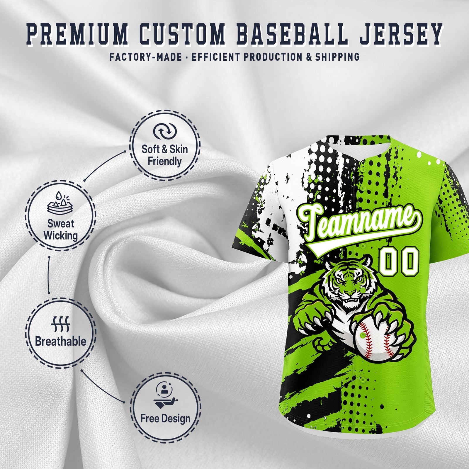 Custom Neon Green Black White Full-Snap Graffiti Pattern Tiger Graffiti Jersey Baseball Jersey| KXKSHOP