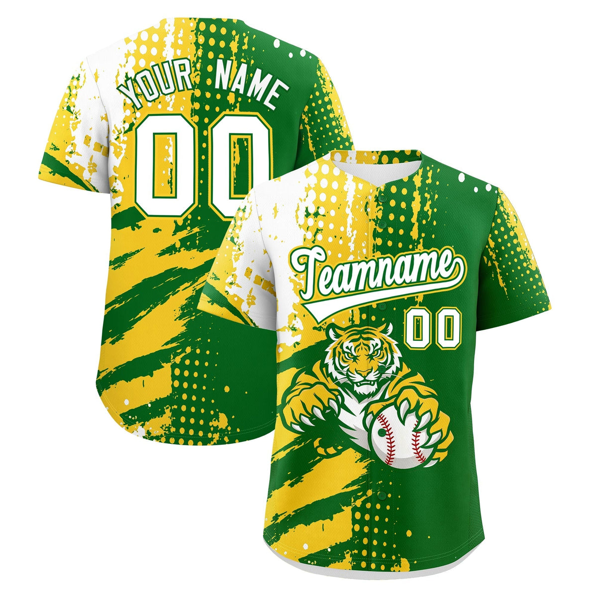 Custom Kelly Green Gold White Full-Snap Graffiti Pattern Tiger Graffiti Jersey Baseball Jersey| KXKSHOP
