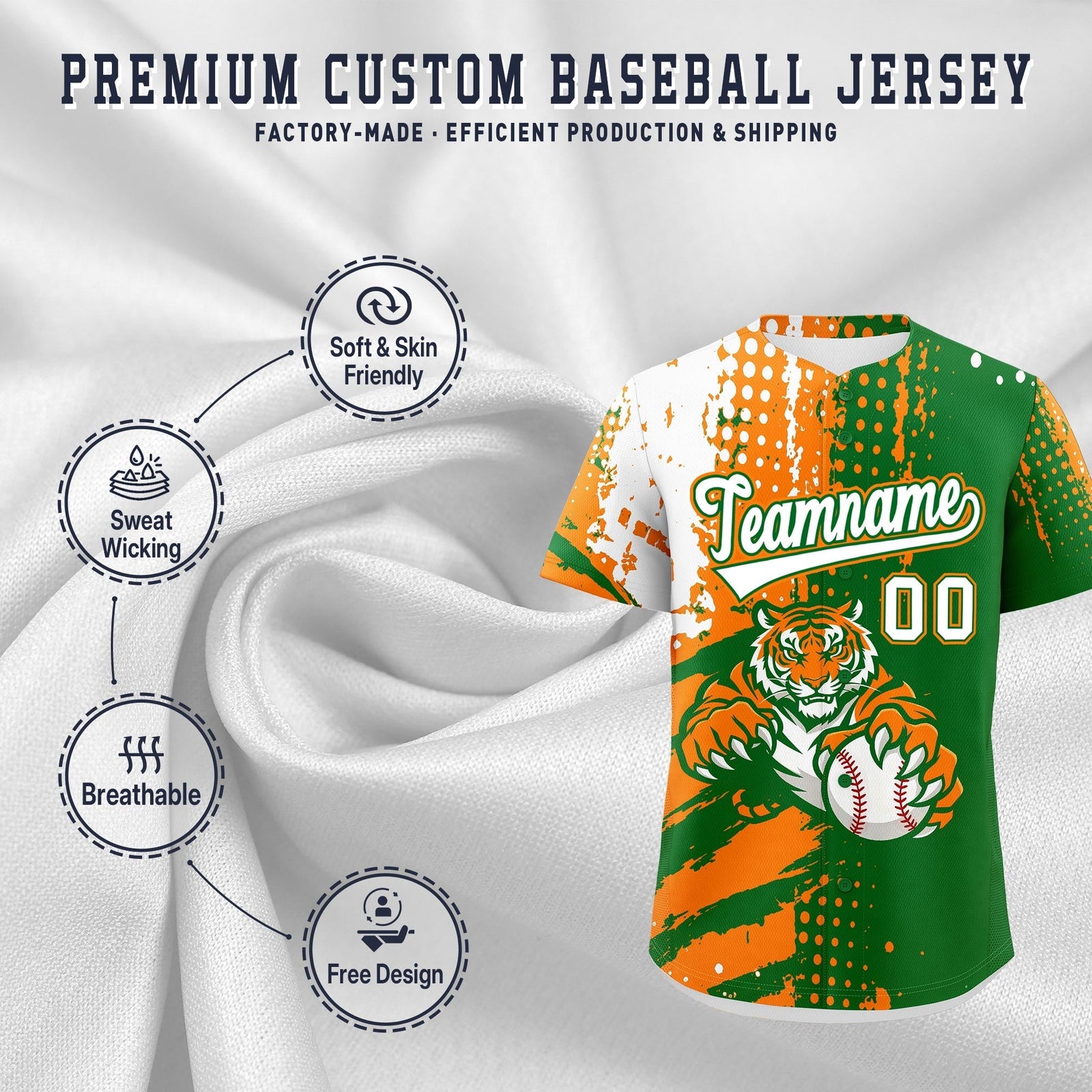 Custom Kelly Green Orange White Full-Snap Graffiti Pattern Tiger Graffiti Jersey Baseball Jersey| KXKSHOP