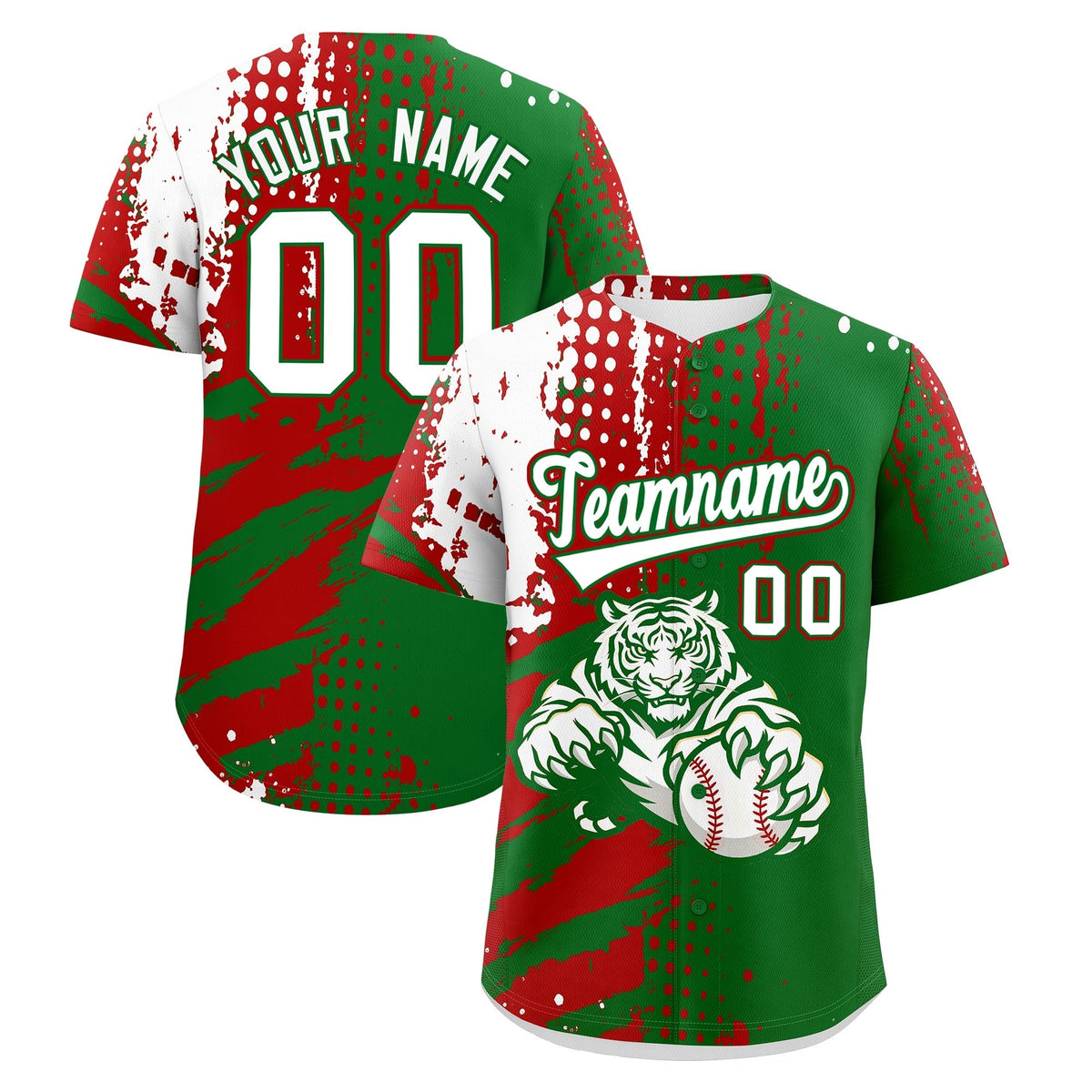 Custom Kelly Green Red White Full-Snap Graffiti Pattern Tiger Graffiti Jersey Baseball Jersey| KXKSHOP