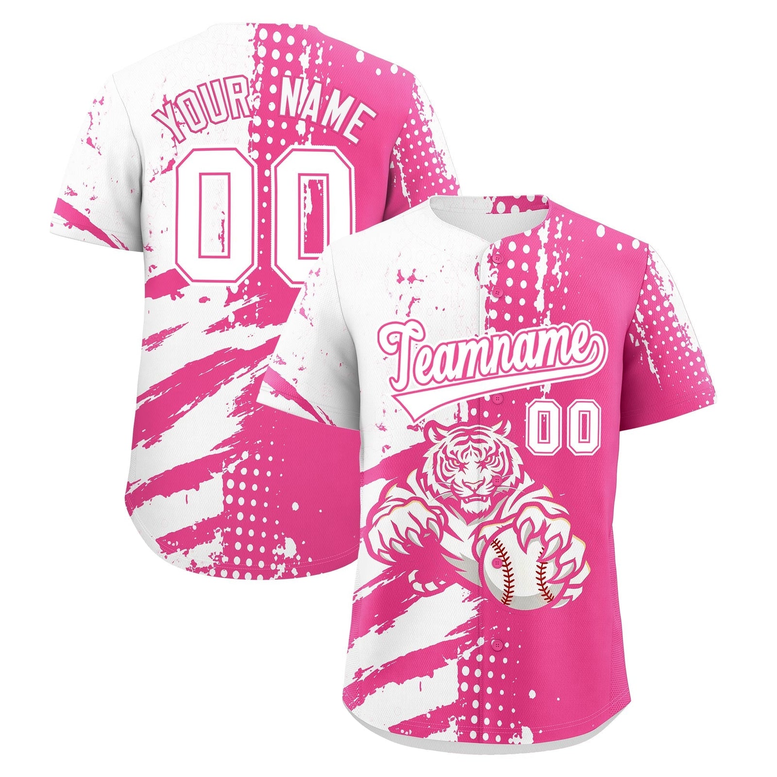 Custom White Pink Full-Snap Graffiti Pattern Tiger Graffiti Jersey Baseball Jersey| KXKSHOP
