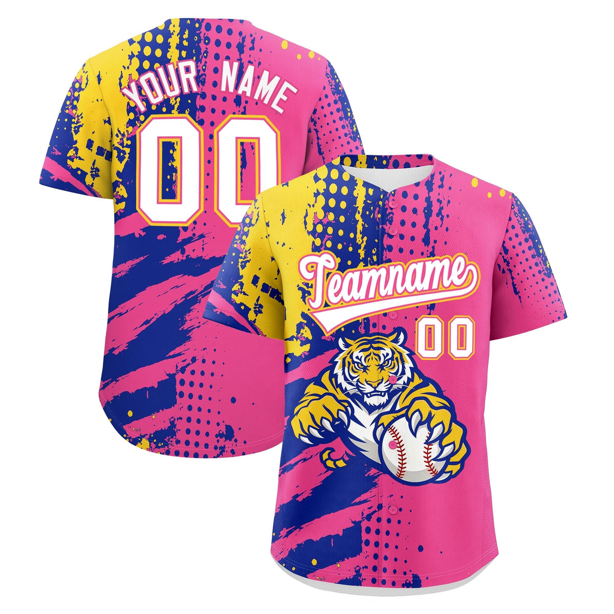 Custom Pink Royal Blue Gold Full-Snap Graffiti Pattern Tiger Graffiti Jersey Baseball Jersey| KXKSHOP