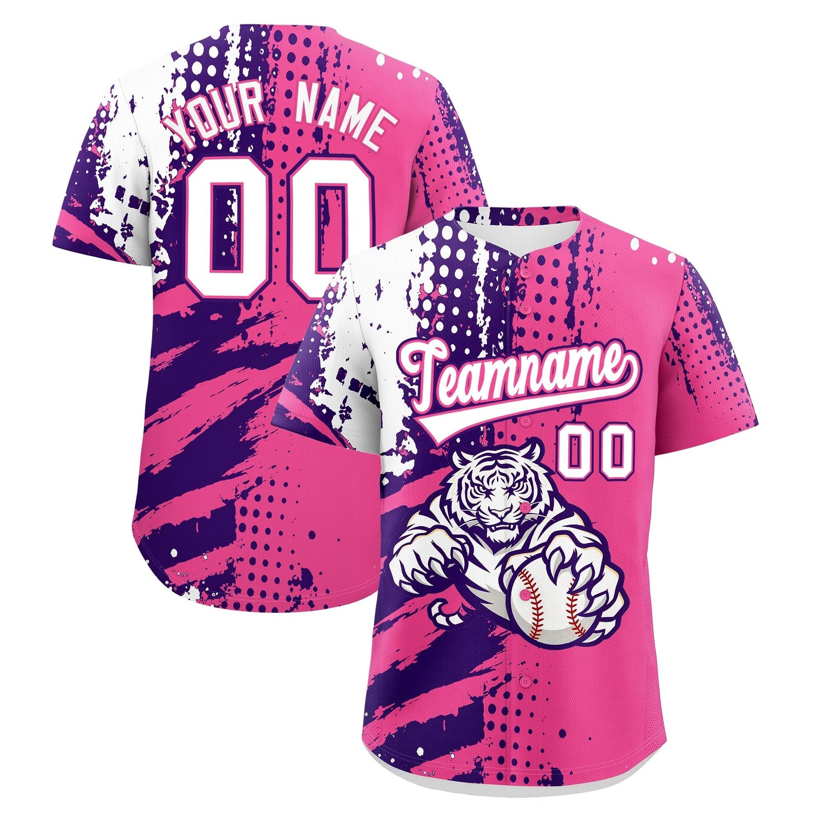 Custom Pink Purple White Full-Snap Graffiti Pattern Tiger Graffiti Jersey Baseball Jersey| KXKSHOP