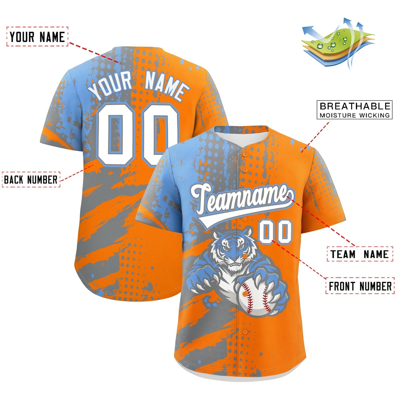 Custom Orange Silver Light Blue Full-Snap Graffiti Pattern Tiger Graffiti Jersey Baseball Jersey| KXKSHOP